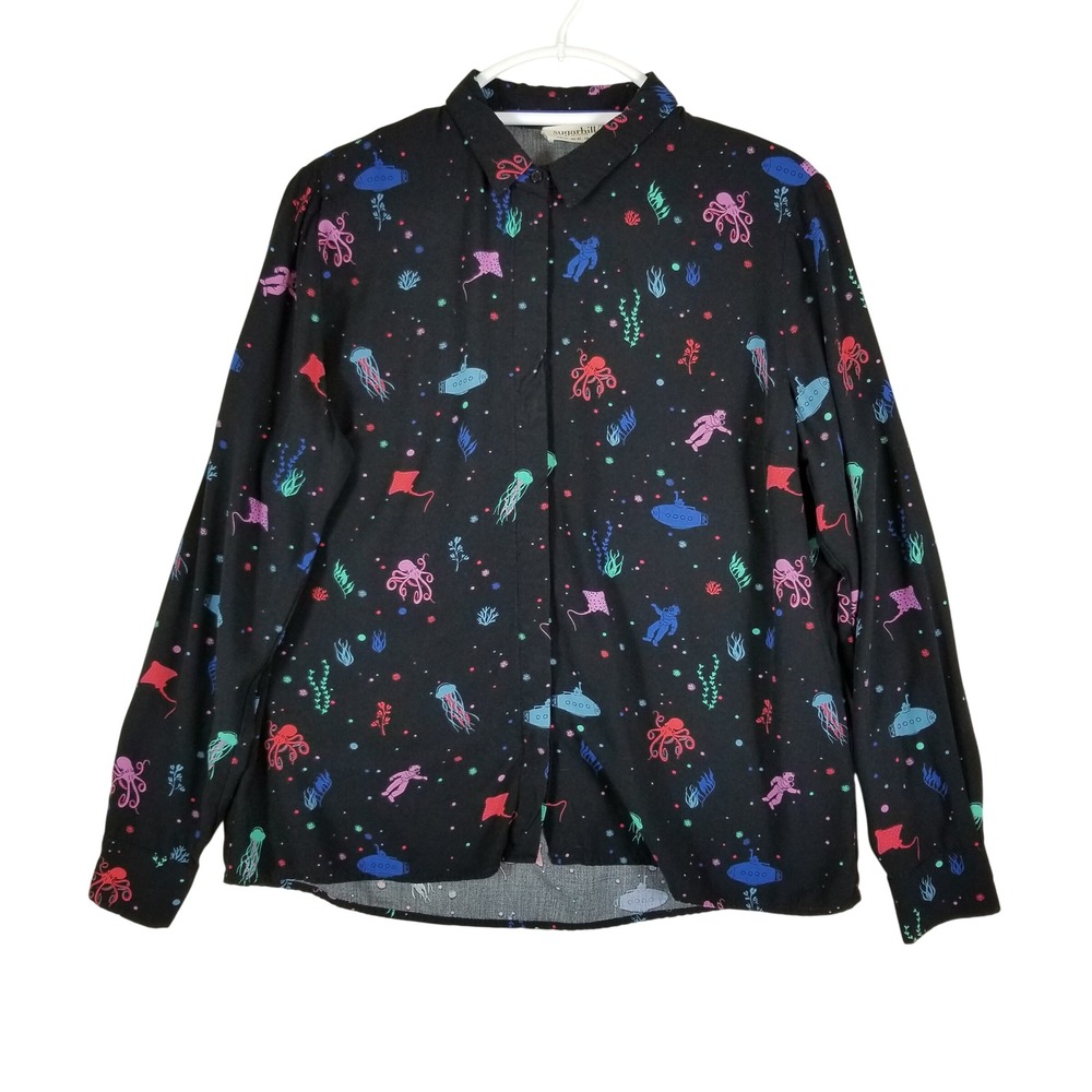Sugarhill Brighton Button Down Shirt Women Sz 10 Black Deep Sea Submarine Print